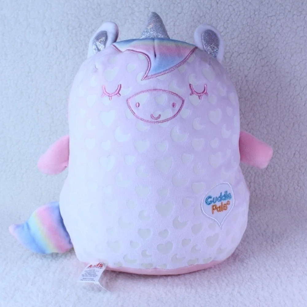 Pink Unicorn‎ Pillow Plush Stuffed Animal Rainbow Silver Horns Hearts